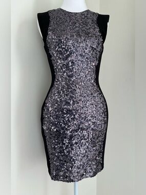 French Connection Silver Sequin Panel Bodycon Dress with Black Sides